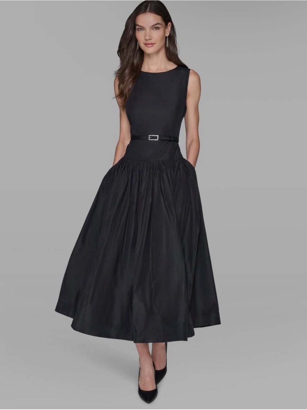 Karl Lagerfeld Taffeta Drop Waist Ball Gown Sleeveless Black Midi Dress Size 10 - Picture 2 of 15